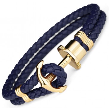Bracelet cuir bleu marine & acier IP doré Paul Hewitt