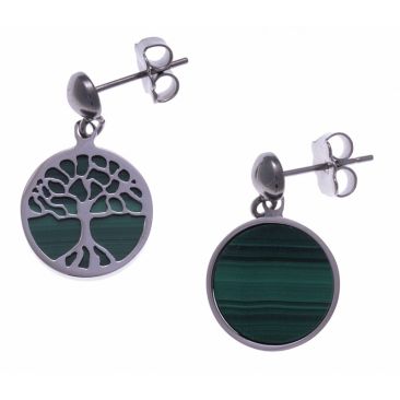 Boucles d'oreilles pendants acier arbre de vie malachite Stepec - IG 552