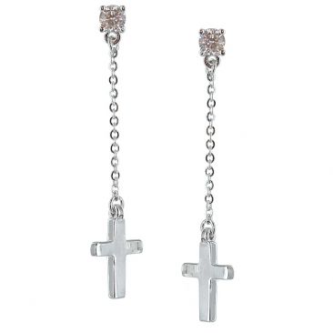 Boucles d'oreilles pendantes motif croix en argent 925 rhodié et zirconiums