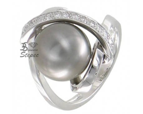 Bague Or Gris 18 Carats Avec Perles Et Diamants - Taille 56 - Occasion
