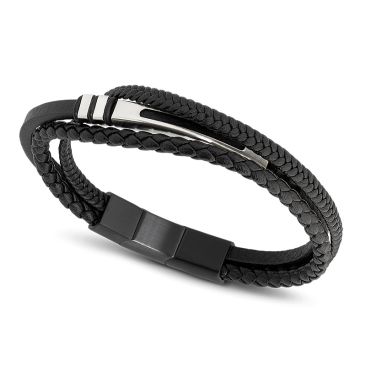 Bracelet Simili cuir tressé noir & acier Rochet